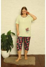 Pijama dama din bumbac, imprimeu ,,Sense Of Beauty'', maneca scurta si pantaloni 3/4, verde
