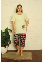 Pijama dama din bumbac, imprimeu ,,Sense Of Beauty'', maneca scurta si pantaloni 3/4, verde