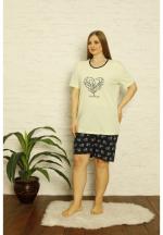 Pijama dama Big Size din bumbac, imprimeu ,,Shine Bright'', maneca scurta si pantaloni scurti, verde