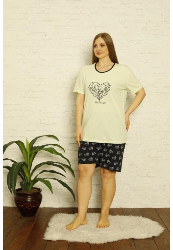 Pijama dama Big Size din bumbac, imprimeu ,,Shine Bright'', maneca scurta si pantaloni scurti, verde