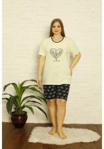 Pijama dama Big Size din bumbac, imprimeu ,,Shine Bright'', maneca scurta si pantaloni scurti, verde