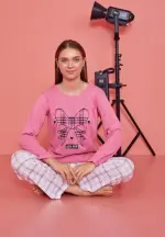 Pijama damă, cu mânecă lungă și pantaloni lungi din bumbac, imprimeu Cool Bow