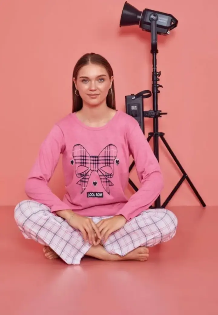 Pijama damă, cu mânecă lungă și pantaloni lungi din bumbac, imprimeu Cool Bow