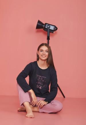 Pijama damă, cu mânecă lungă și pantaloni lungi din bumbac, imprimeu Five More Minutes