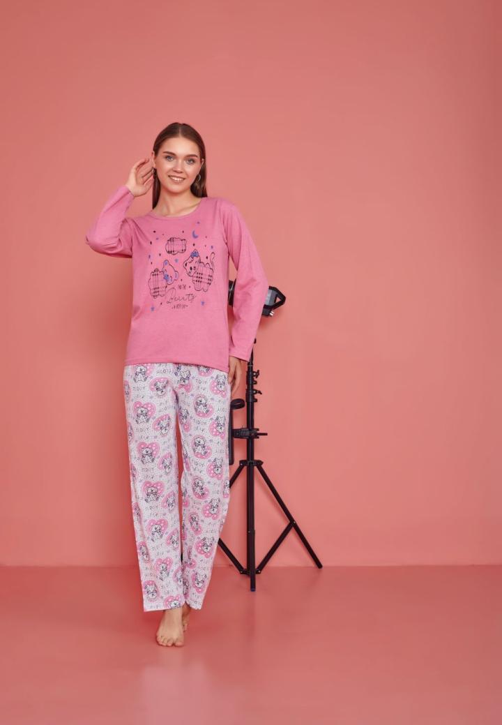 Pijama damă, cu mânecă lungă și pantaloni lungi din bumbac, imprimeu ursuleti