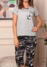 Pijama dama din bumbac cu imprimeu panda, maneca scurta si pantaloni 3/4