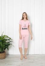 Pijama dama din bumbac cu imprimeu "Rabbit", maneca scurta si pantaloni 3/4, roz deschis