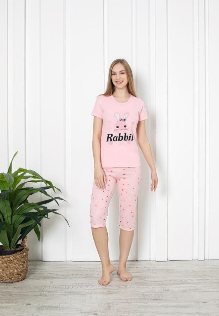 Pijama dama din bumbac cu imprimeu "Rabbit", maneca scurta si pantaloni 3/4, roz deschis