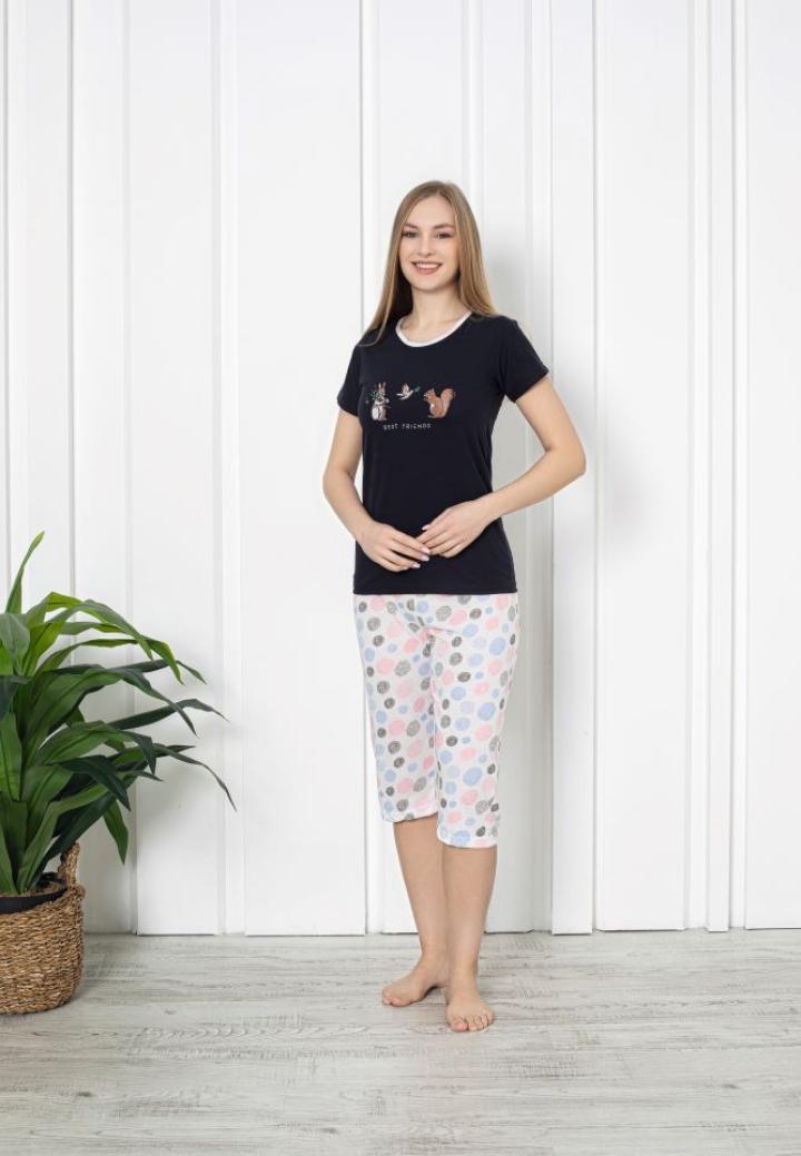 Pijama dama din bumbac, imprimeu ,,Best Friends'', maneca scurta si pantaloni 3/4, negru