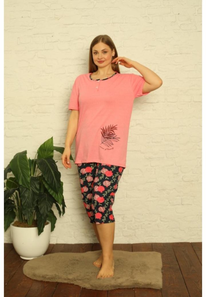 Pijama dama din bumbac, imprimeu ,,Sense Of Beauty'', maneca scurta si pantaloni 3/4, roz