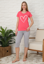Pijama familie-damă, bumbac, mânecă scurtă și pantaloni 3/4, culoare roz, imprimeu inima