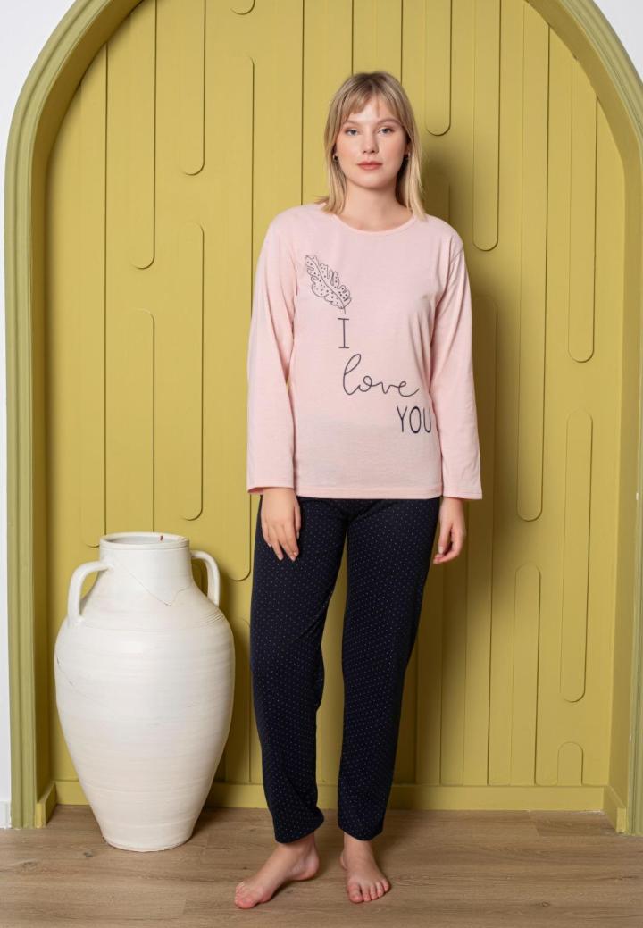 Pijama damă, cu mânecă lungă și pantaloni lungi din bumbac, imprimeu I Love You