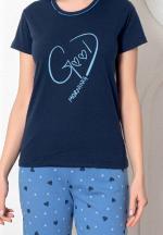 Pijamale Damă din Bumbac, Mâneca Scurtă & Pantaloni 3/4, Imprimeu ,,Good Morning'', Bleumarin