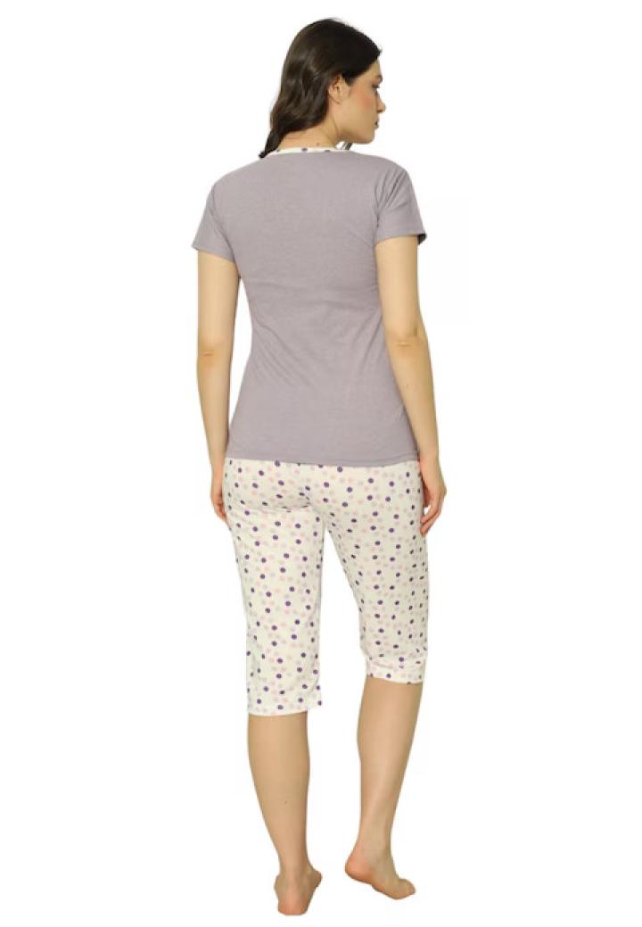 Pijama dama Big Size din bumbac, imprimeu cu baloane, maneca scurta si pantaloni 3/4, mov