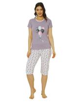 Pijama dama Big Size din bumbac, imprimeu cu baloane, maneca scurta si pantaloni 3/4, mov