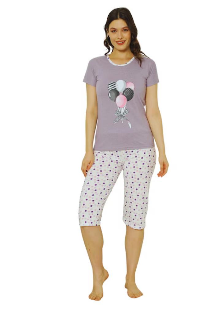 Pijama dama Big Size din bumbac, imprimeu cu baloane, maneca scurta si pantaloni 3/4, mov