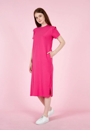 Rochie casual de damă, bumbac, mânecă scurtă- culoare roz