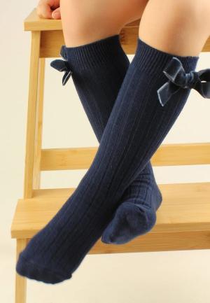 Șosete fetițe 3/4, bumbac, cu fundiță decorativă- culoare bleumarin