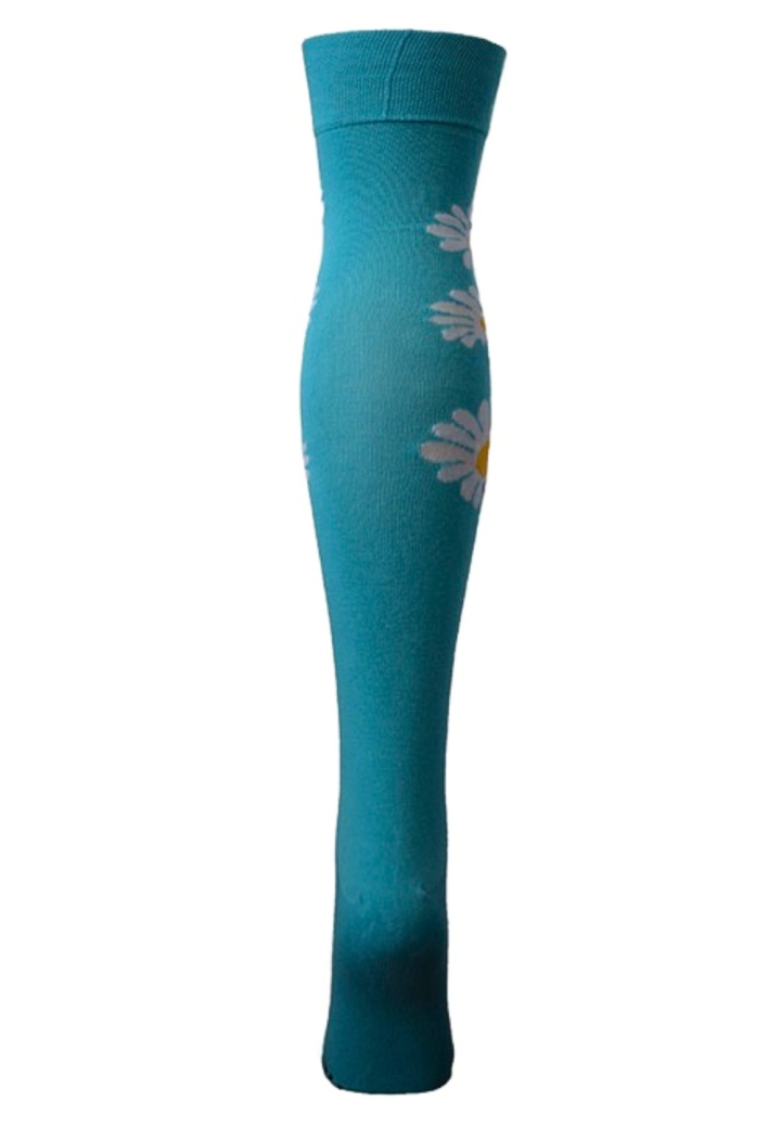 Șosete damă lungi, bumbac, imprimeu floral, turcoaz