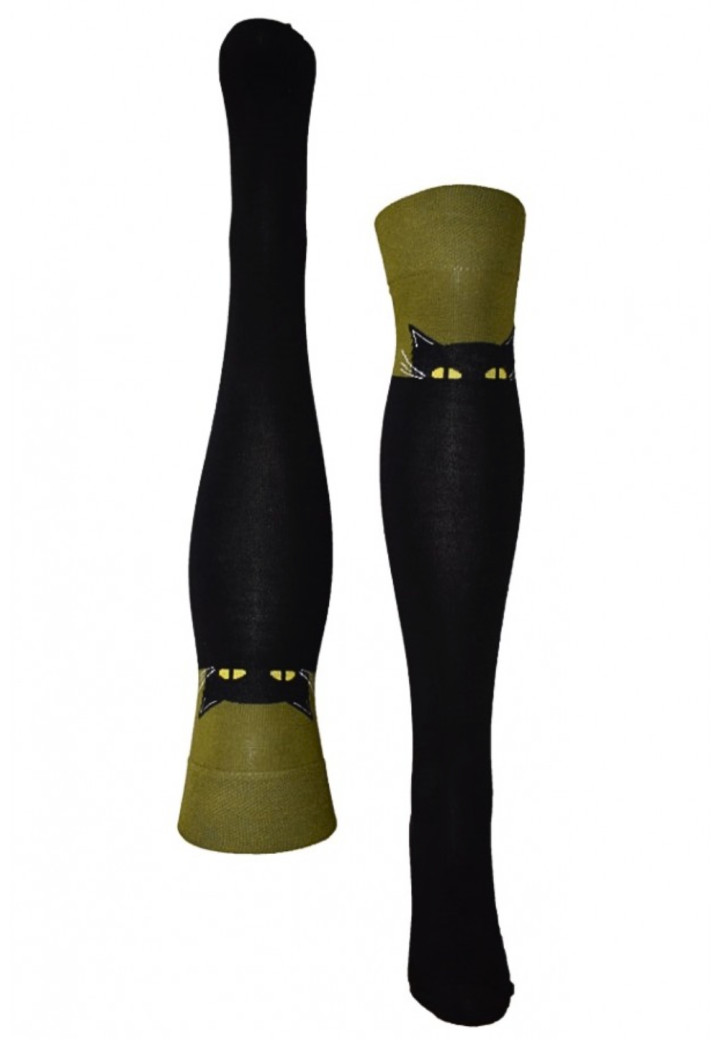 Șosete damă lungi, bumbac, imprimeu pisică, negru-verde