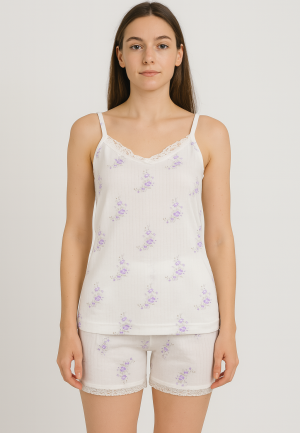 Pijama damă maiou și short – bretele subțiri, dantelă delicată, croială lejeră, imprimeu cu flori mov
