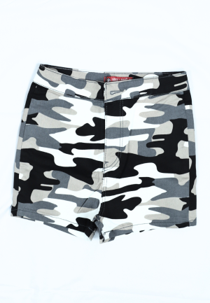 Blugi scurți damă de vară – elastici, mulați, cu buzunare la spate-camuflaj gri