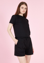 Compleu damă cu tricou și short cu talie elastică, bumbac- culoare negru