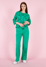 Set damă cu tricou și pantaloni lungi evazați, bumbac- verde