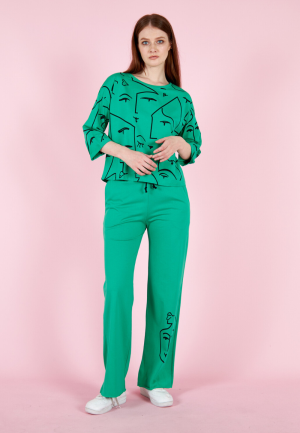 Set damă cu tricou și pantaloni lungi evazați, bumbac- verde