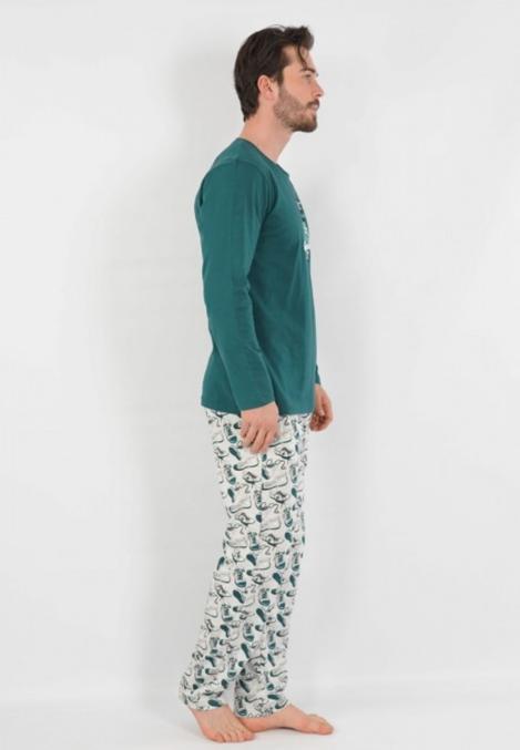 Pijamale Bărbați din Bumbac, Verde cu Imprimeu Tenesi, Pantaloni și Mâneci Lungi