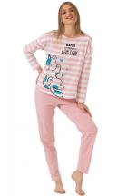 Pijamale damă cu mânecă lungă și pantaloni lungi, imprimeu Cat Day, roz