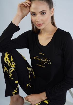 Pijamale damă cu mânecă lungă și pantaloni lungi, imprimeu floral, negru