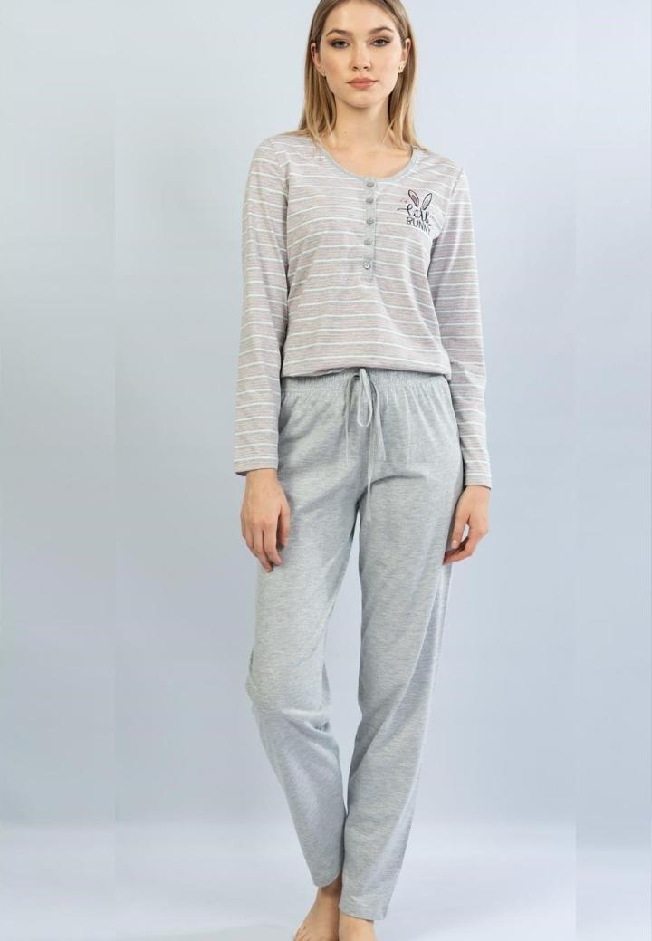 Pijamale damă cu mânecă lungă și pantaloni lungi, imprimeu Little Bunny, gri/roz
