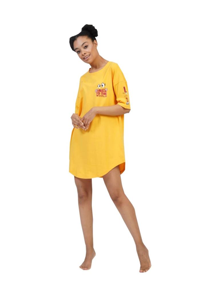 Rochie de casă Vienetta galben, mânecă 3/4, imprimeu „Smile to the world”