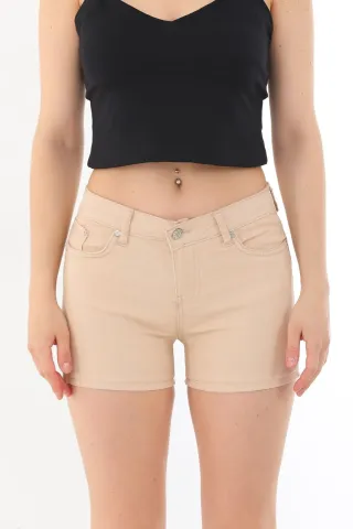 Blugi scurți damă de vară – elastici, mulați, cu buzunare la spate-crem hover