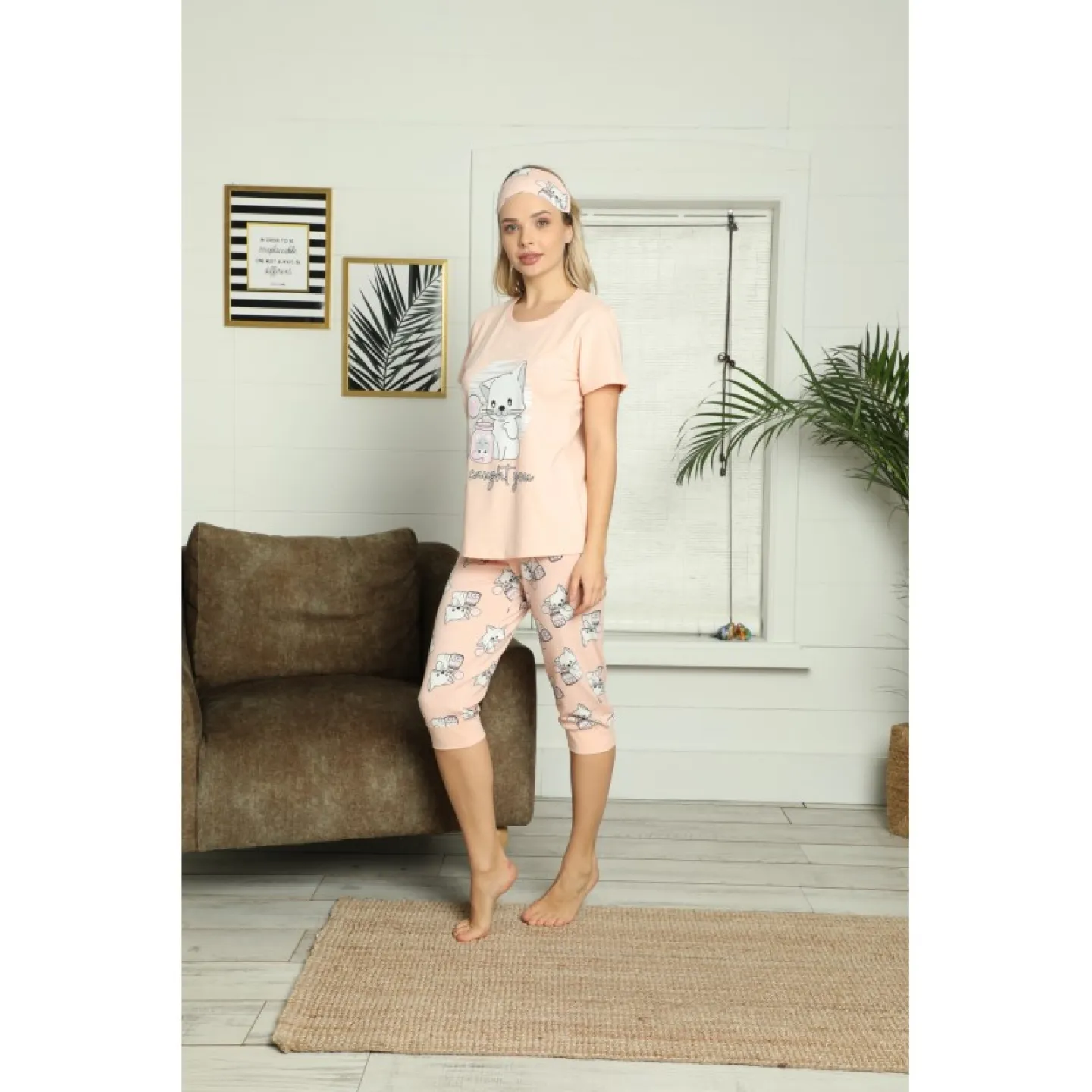 Pijama pentru Dama cu Imprimeu Pisicuță - Set de Primăvară - 2