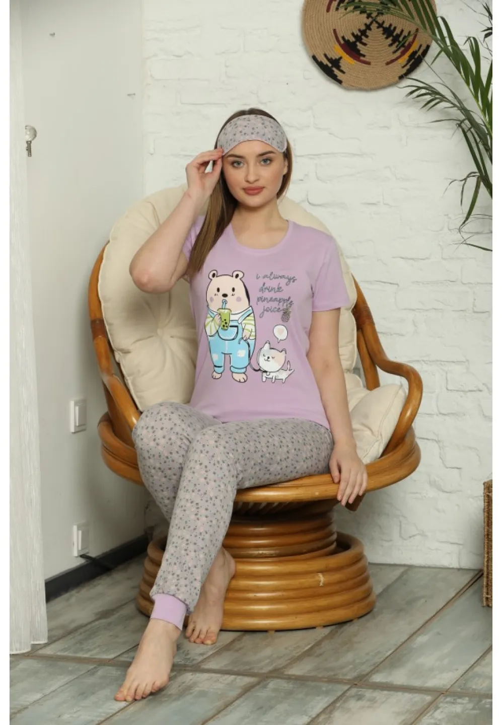 Pijama pentru Dama cu Imprimeu Ursuleț -tricou si pantaloni lungi - 1