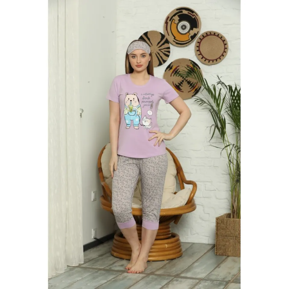 Pijama pentru Dama cu Imprimeu Ursuleț -tricou si pantaloni 3/4