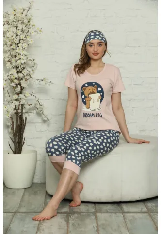 Pijama de Primăvară pentru Dama cu Masca de Dormit Asortată, mânecă scurtă și pantaloni 3/4, imprimeu Dreams