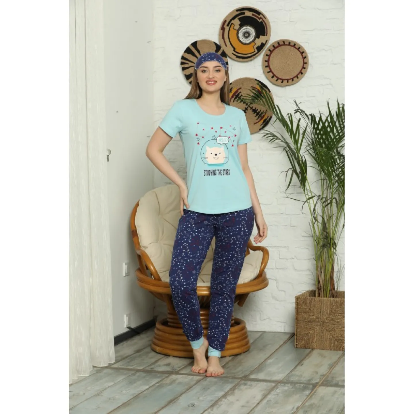 Pijama pentru dama, maneca scurta, pantaloni lungi cu imprimeu Stars - Set de Primăvară - 1