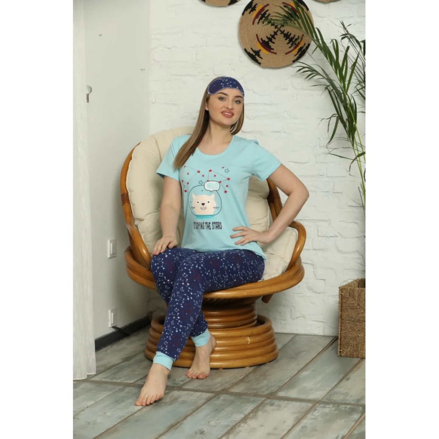 Pijama pentru dama, maneca scurta, pantaloni lungi cu imprimeu Stars - Set de Primăvară - 2