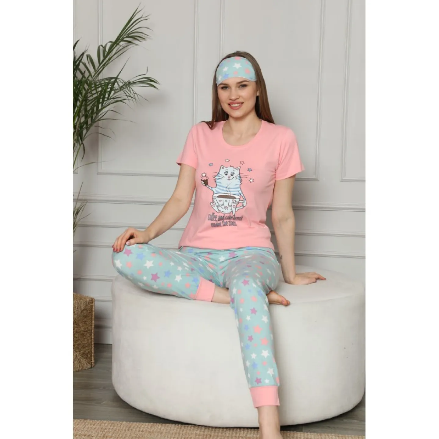 Pijama pentru Dama cu Imprimeu Pisică - Set de Primăvară - 2