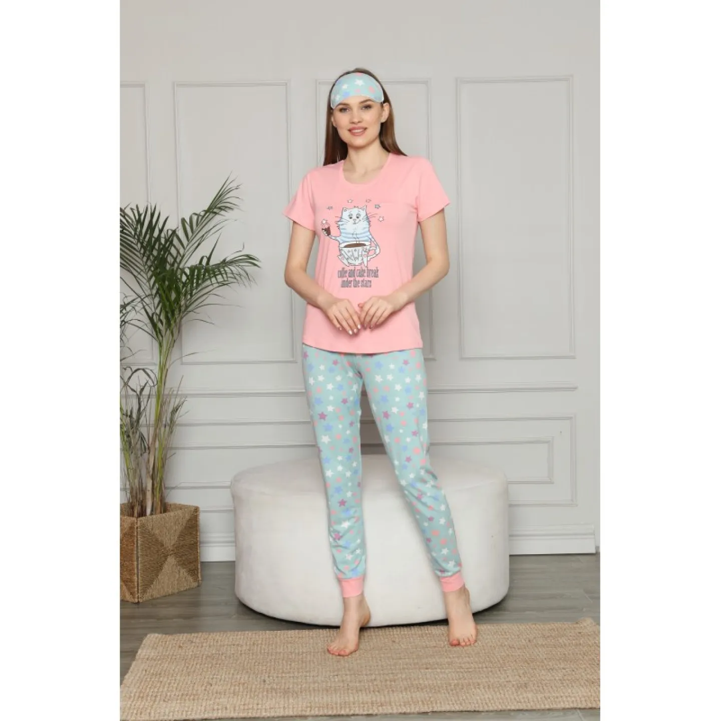 Pijama pentru Dama cu Imprimeu Pisică - Set de Primăvară - 1