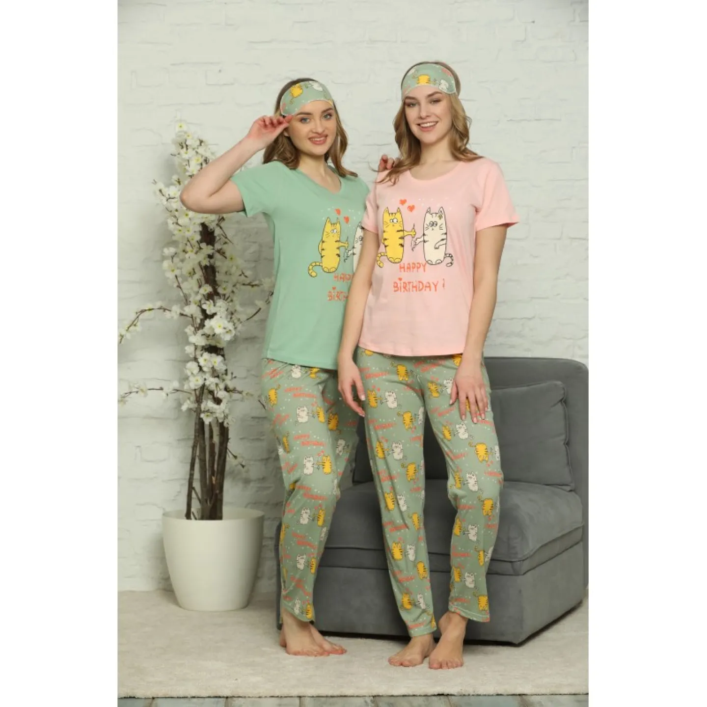 Pijama Dama din Bumbac – Set cu Tricou și Pantaloni Lungi si Masca de Dormit, imprimeu Happy Birthday, roz - 1