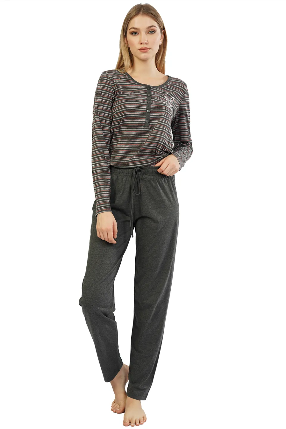 Pijamale damă cu mânecă lungă și pantaloni lungi, imprimeu Little Bunny, maro - 1