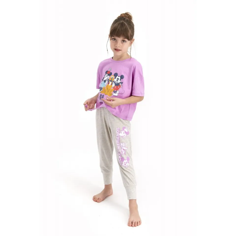 Pijama pentru fetițe Disney, bluza cu maneca scurtă și pantaloni lungi, imprimeu Mickey &amp; Friends, mov