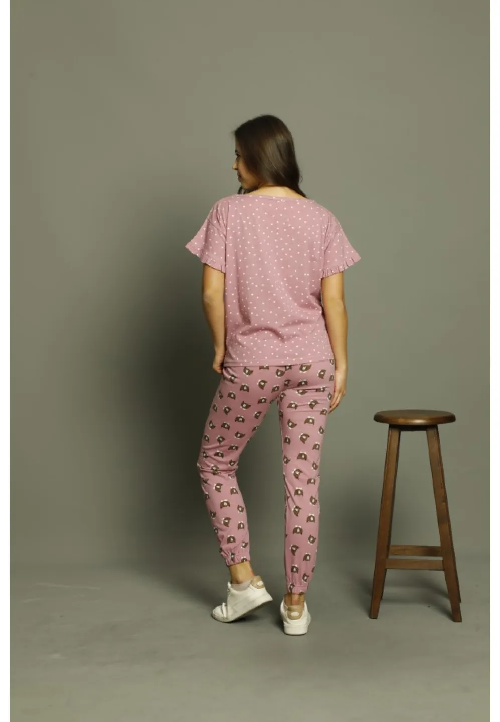 Pijama dama din bumbac Serena cu imprimeu ursulet, maneca scurta si pantaloni lungi - 2