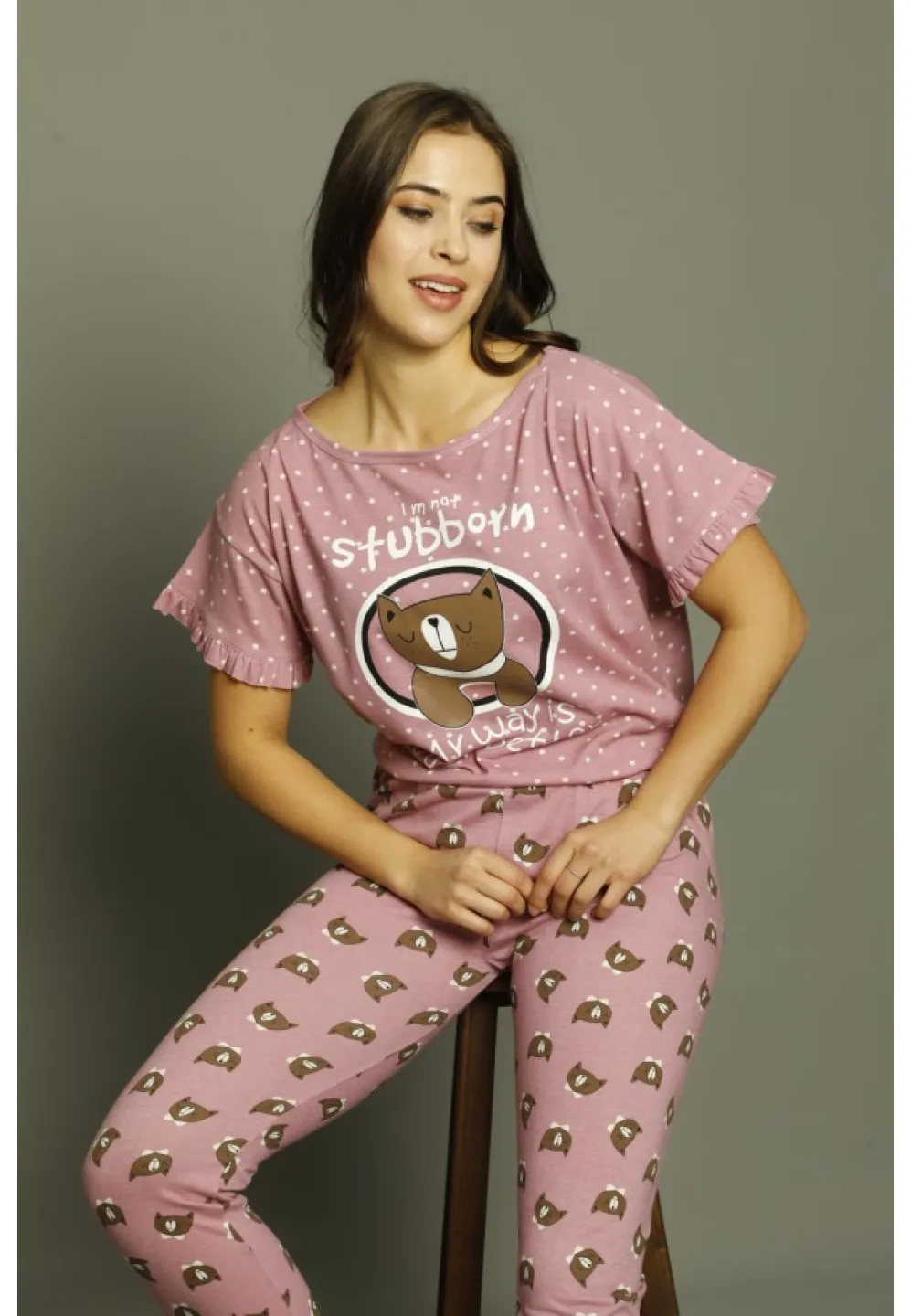 Pijama dama din bumbac Serena cu imprimeu ursulet, maneca scurta si pantaloni lungi - 1