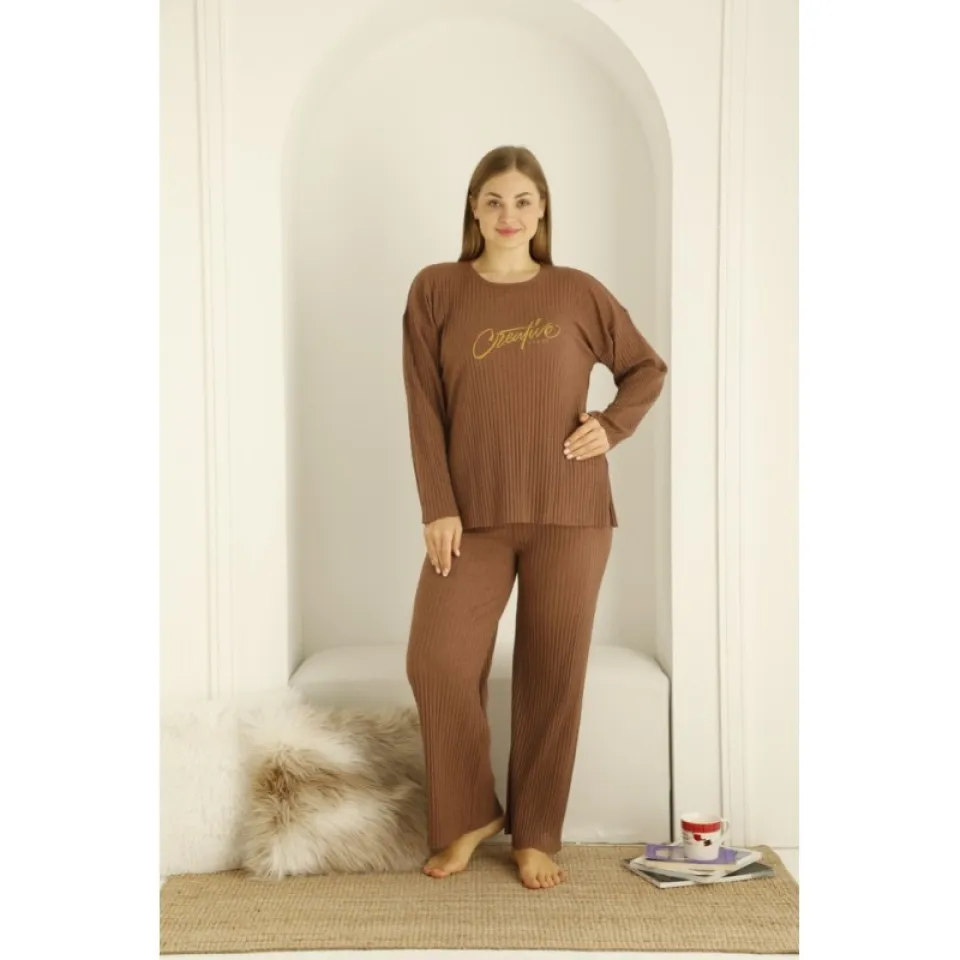 Pijama damă, mânecă lungă și pantaloni lungi, imprimeu Creative, maro