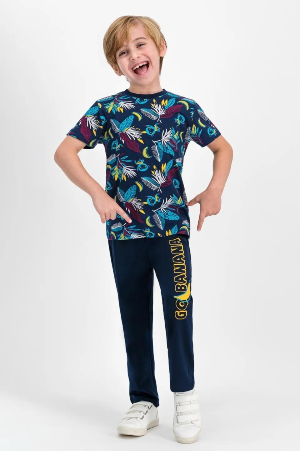 Pijama copii cu tricou și pantaloni lungi, imprimeu banane, Bleumarin - 1